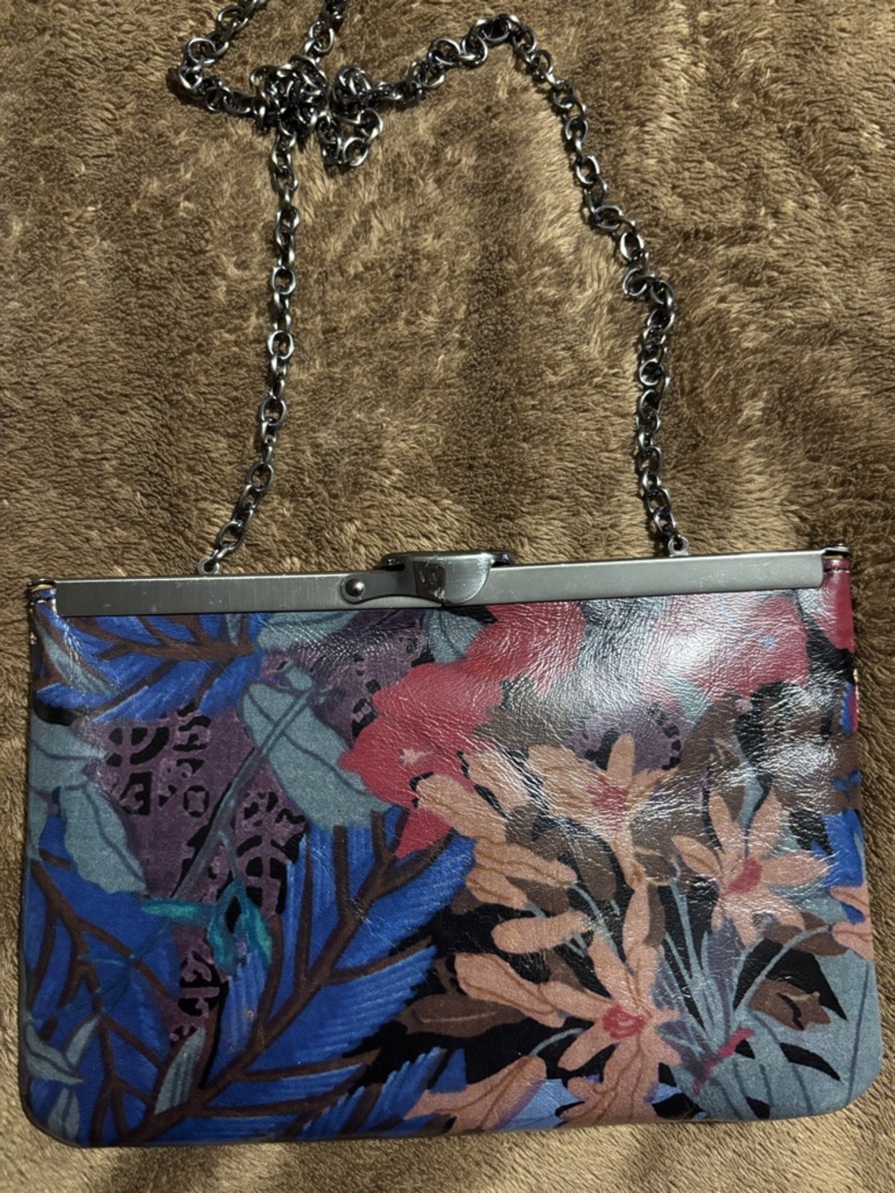 Patricia Nash Floral Leather Chain Clutch in Blue, Red, Tan - Picture 2 of 6